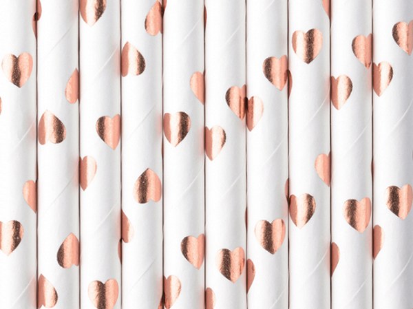 Καλαμάκια με πουά καρδιές Rose Gold (10 τεμ.)