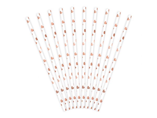 Καλαμάκια με πουά καρδιές Rose Gold (10 τεμ.)